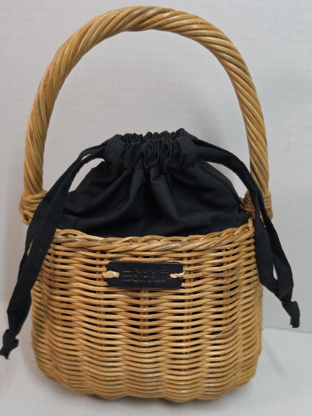 Woven Straw Bucket Bag with Black Drawstring Liner